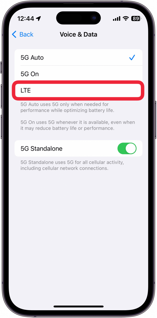 iphone voice and data settings with a red box around LTE option