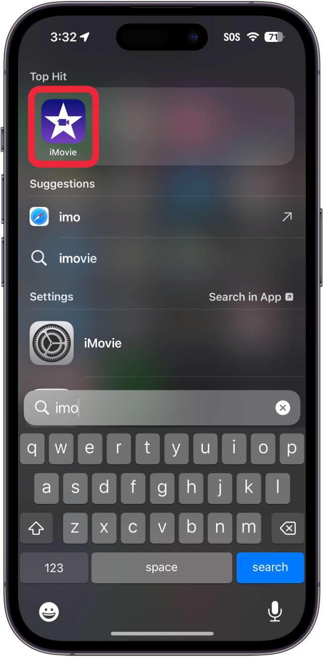 iphone spotlight search with iMovie app circled in red