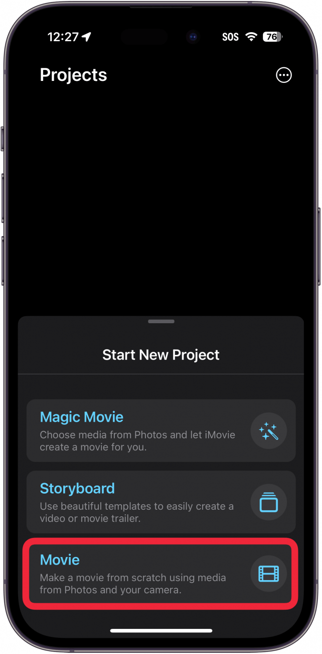 iphone imovie app with a red box around movie option under Start new project