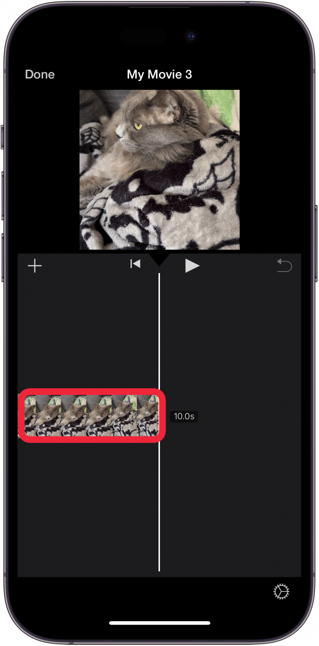 iphone imovie app editing screen with a red box around video in editing track