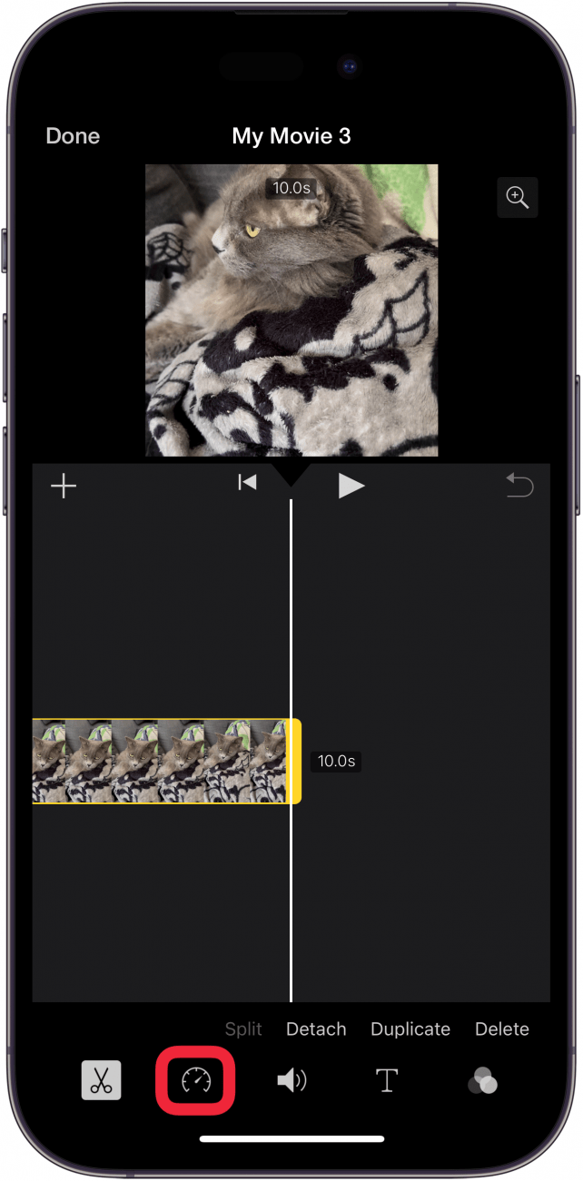 iphone imovie app editing screen with a red box around speed button