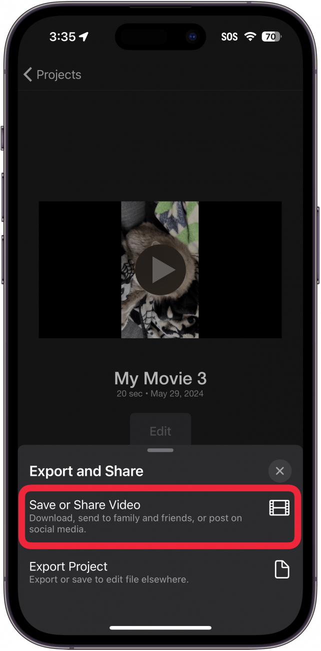 iphone imovie app export project screen with a red box around save or share video button