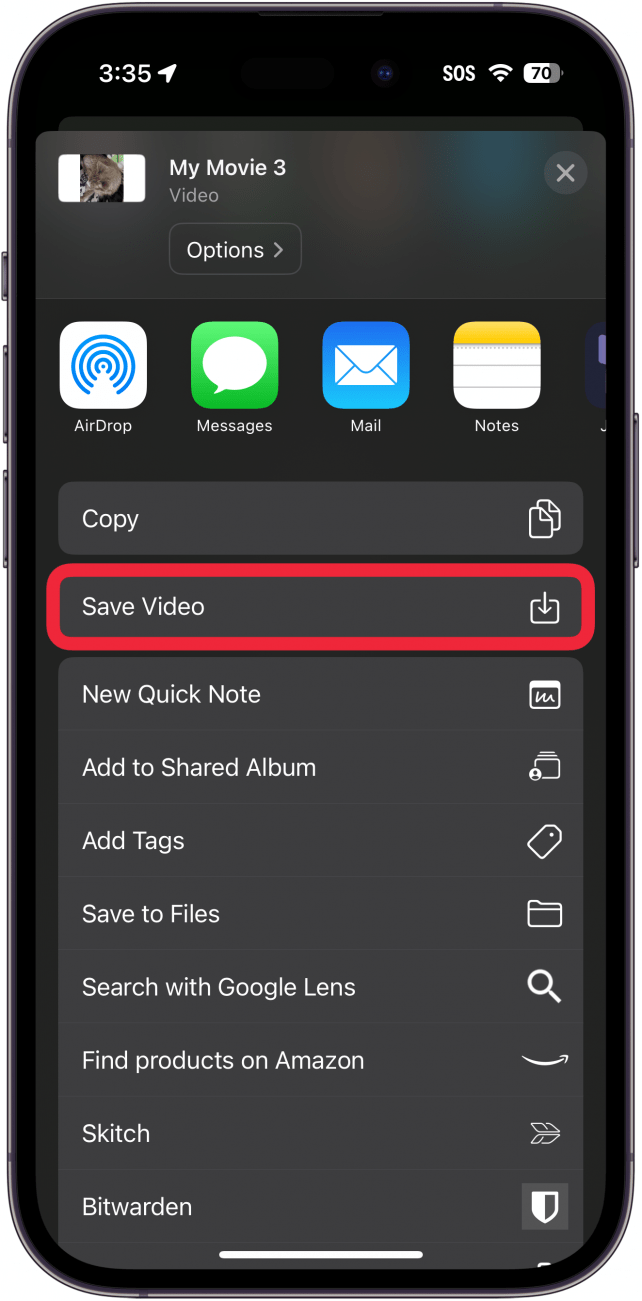 iphone imovie app export project screen displaying share sheet with a red box around save video