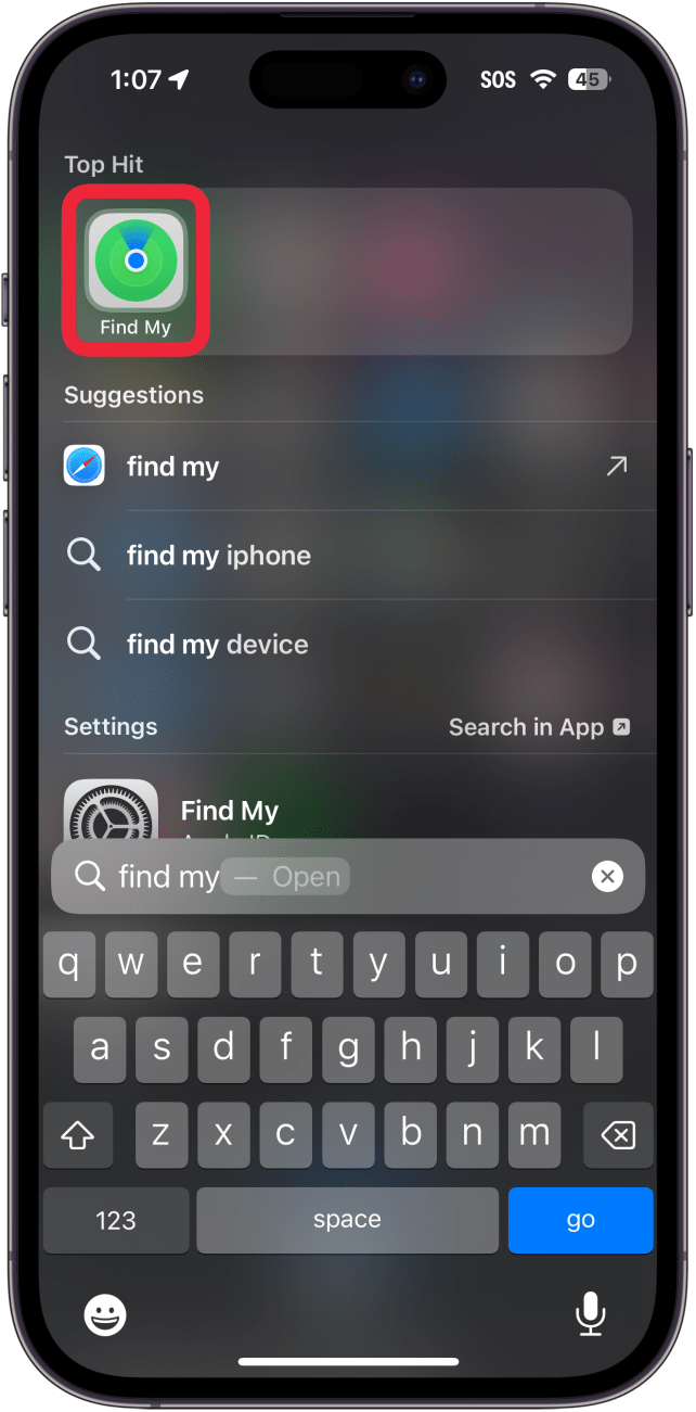 iphone spotlight search with a red box around find my app