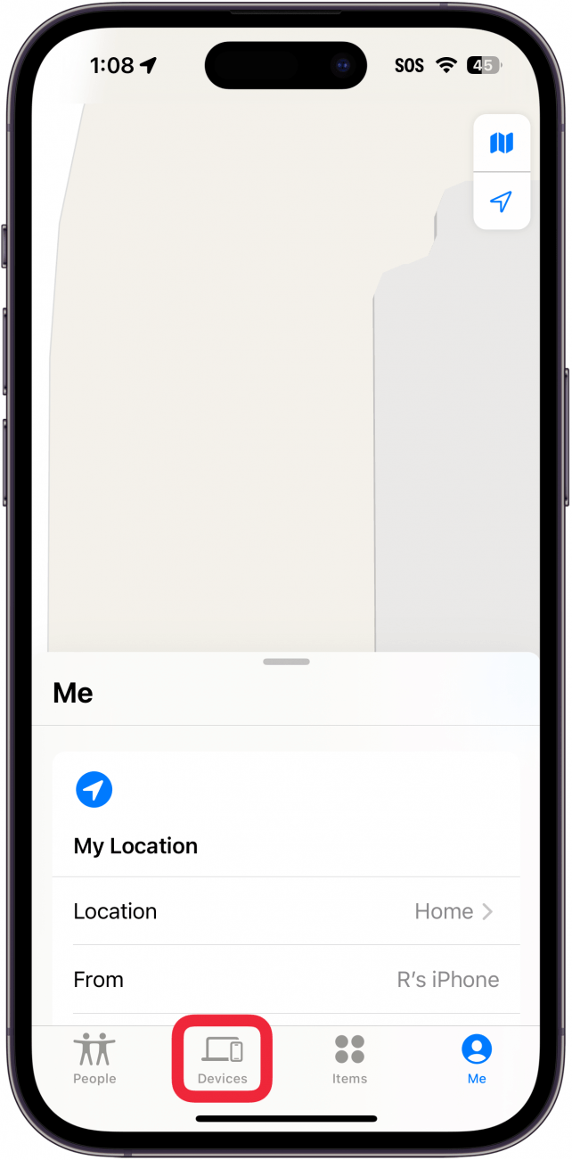 iphone find my app with a red box around devices tab