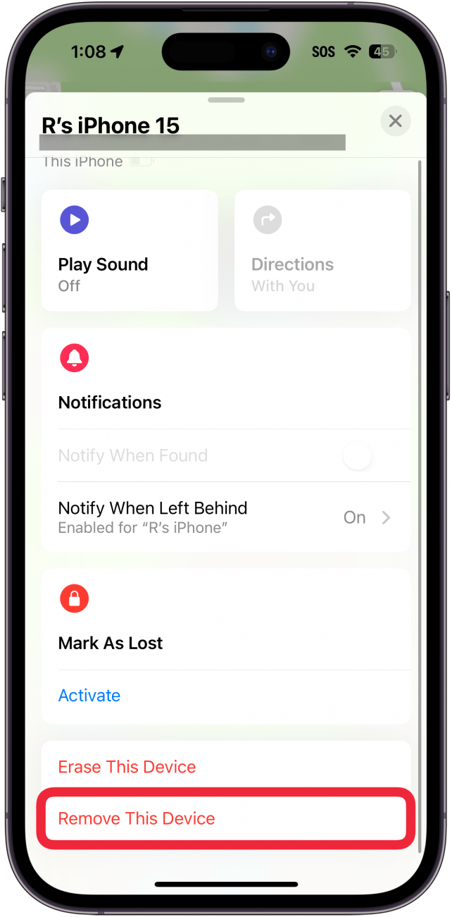iphone find my app with a red box around remove this device button