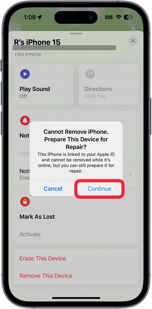 iphone find my app displaying a pop up that the device cannot be removed but it can be prepared for repair, with a red box around the continue button