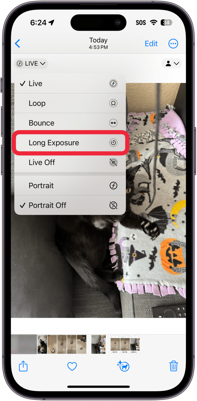 iphone photos live photo menu with a red box around long exposure option