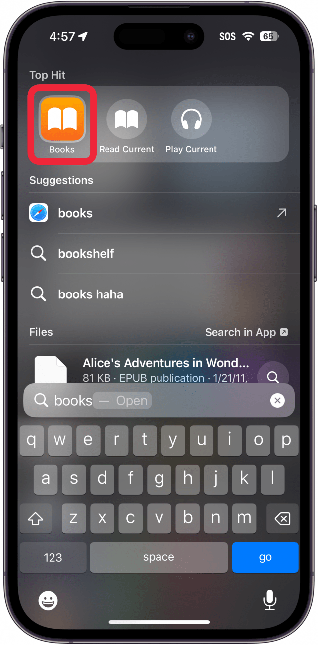 iphone spotlight search with a red box around books app