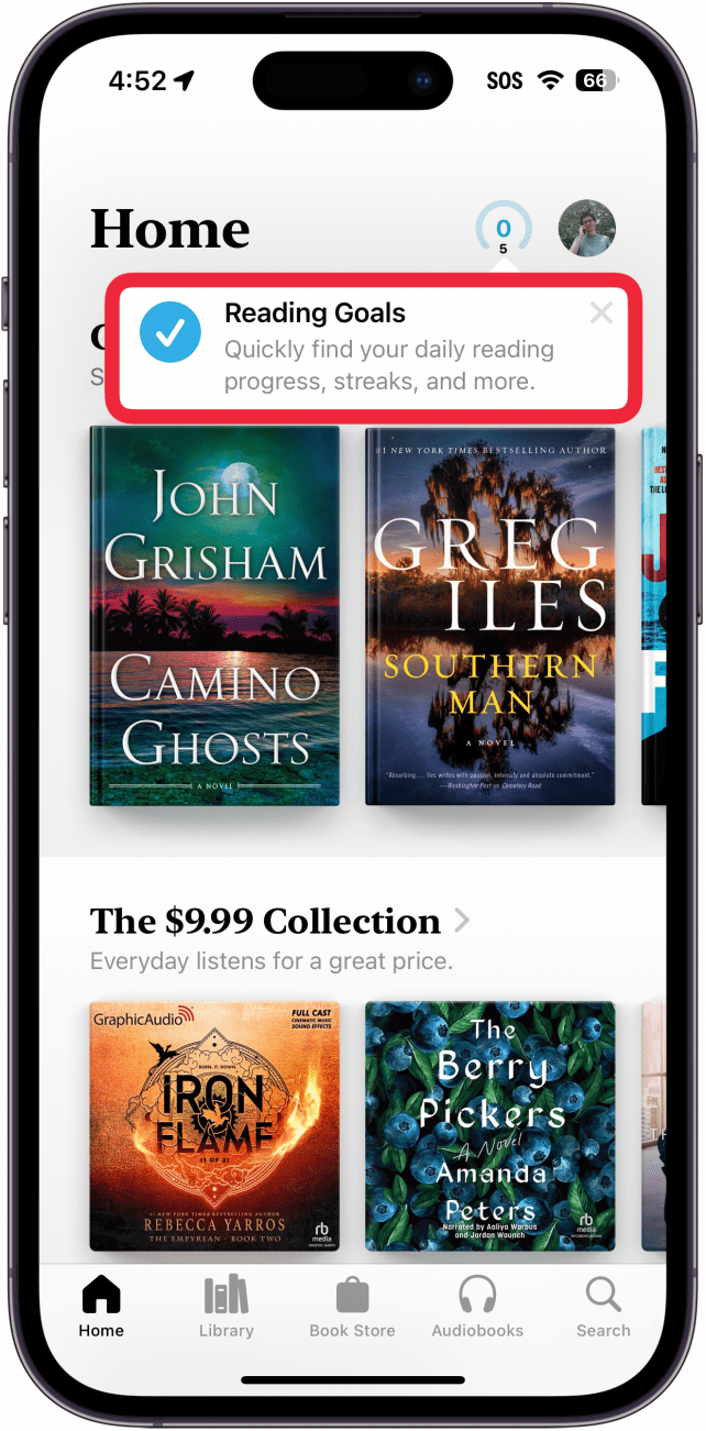 iphone books app with a red box around a pop up informing the user about the reading goals feature