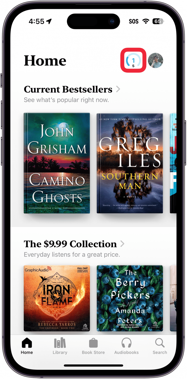 iphone books app with a red box around reading goals counter in the top right corner