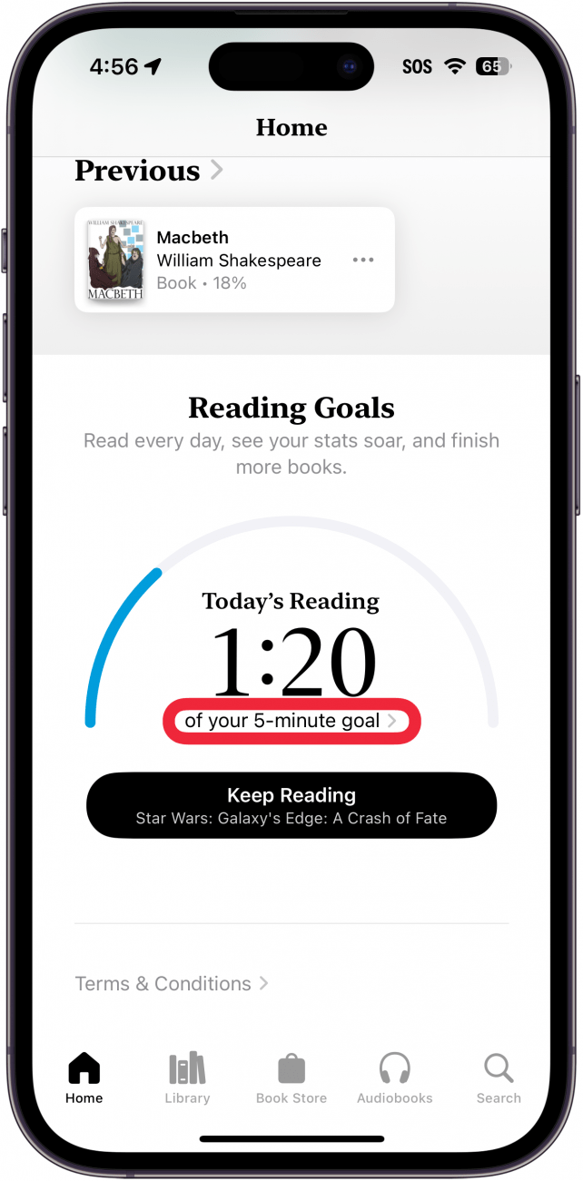 iphone books app displaying reading goals, which indicates that the user has completed one minute and twenty seconds of their five minute goal, with a red box around the "of your 5-minute goal" button