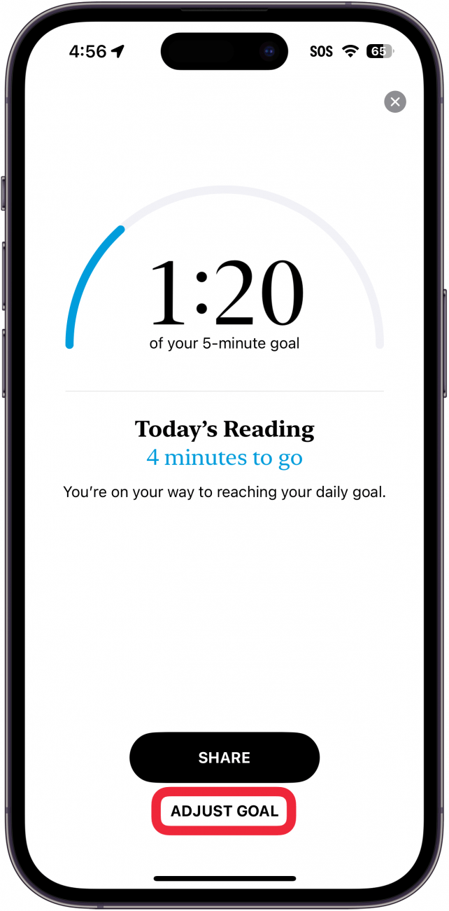 iphone books app reading goals menu with a red box around adjust goal button