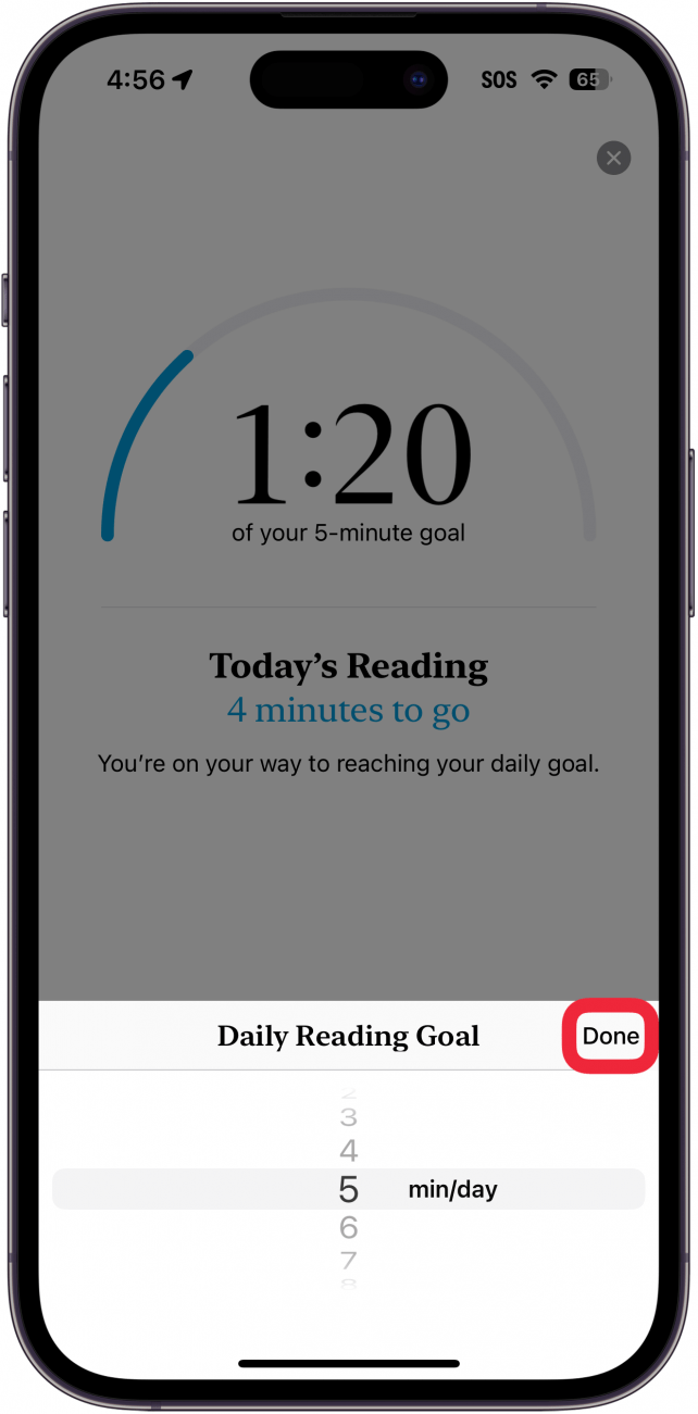 iphone books app reading goals menu displaying reading goal options ranging from 1 minute to 1440 minutes, with a red box around the done button