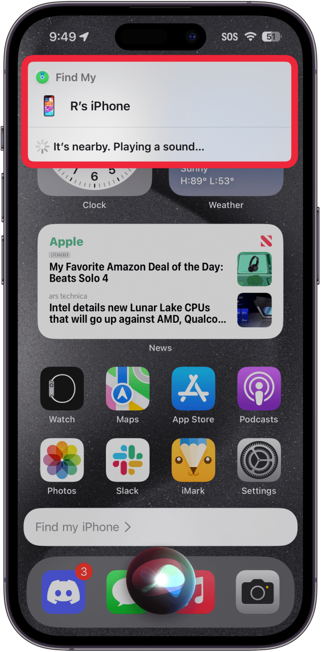 iphone displaying Siri with a red box around a pop up indicating that a sound is playing from the device