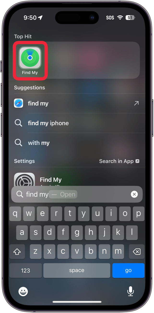 iphone spotlight search with a red box around find my app