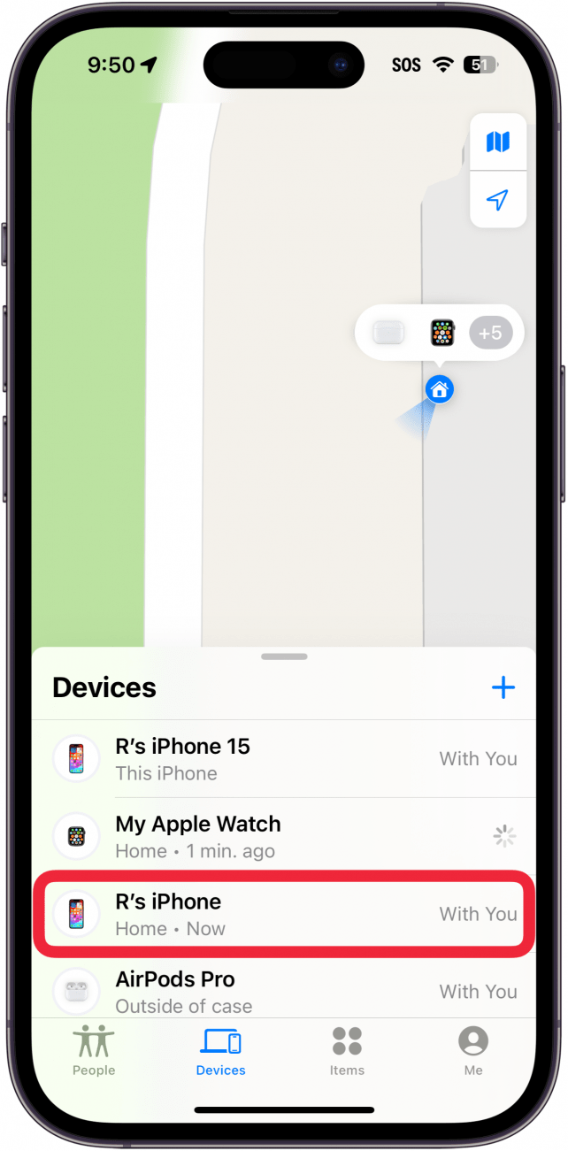 iphone find my app displaying a list of devices with a red box around an iPhone