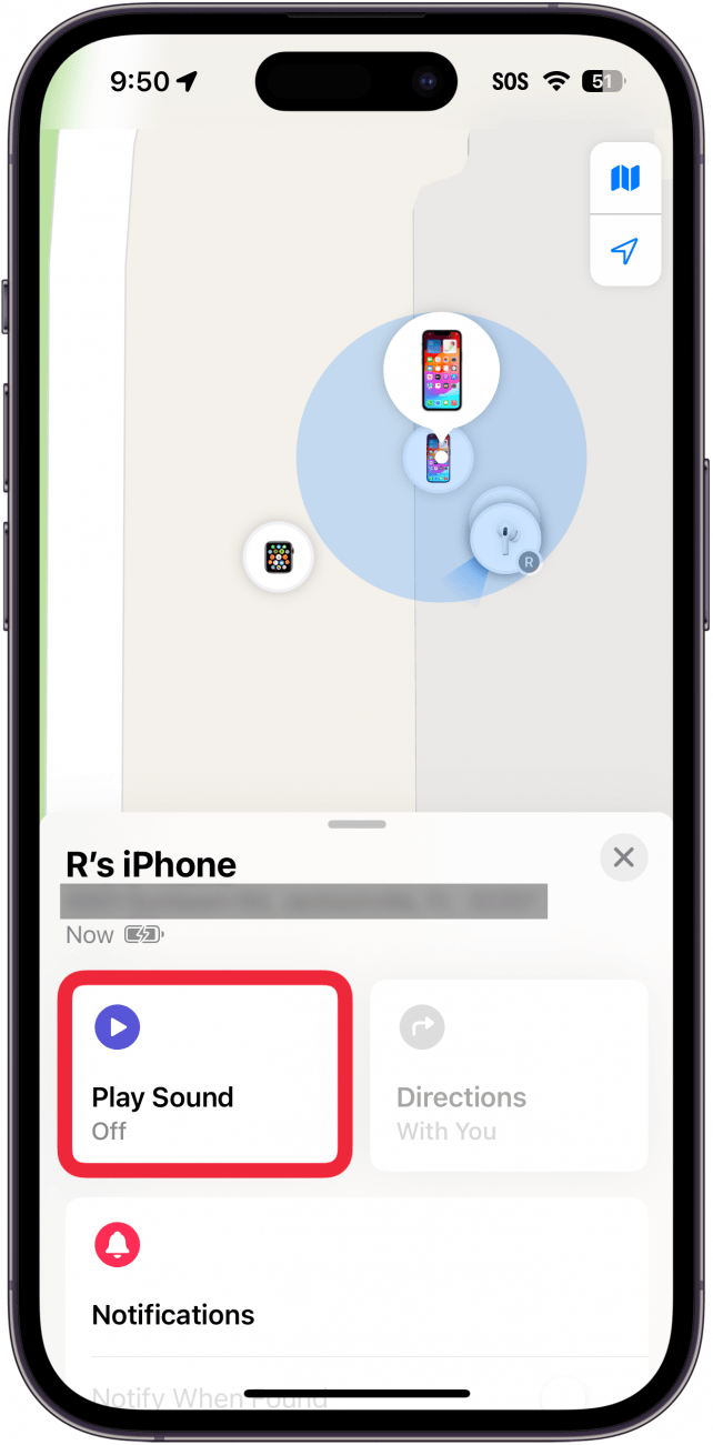 iphone find my app displaying device details with a red box around play sound button