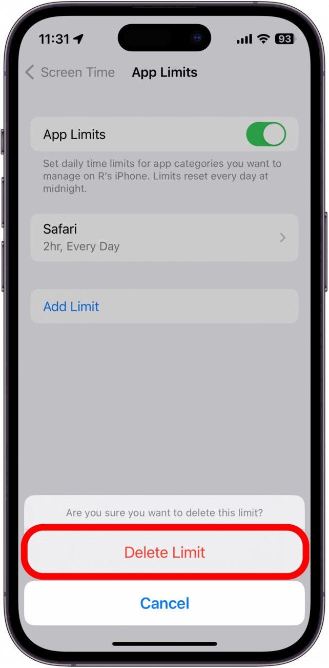 Tap Delete Limit to confirm.