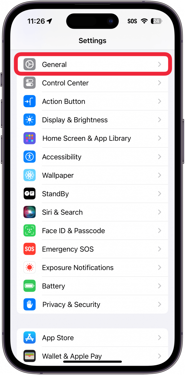 iphone settings with a red box around general