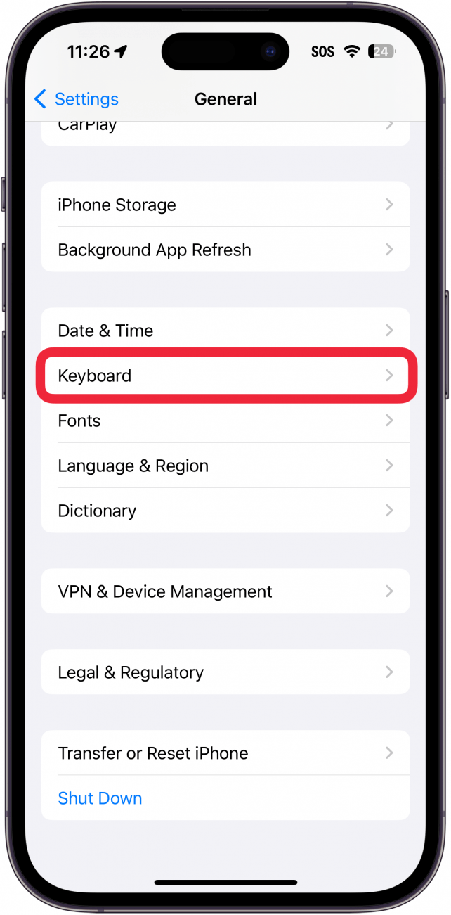 iphone general settings with a red box around keyboard