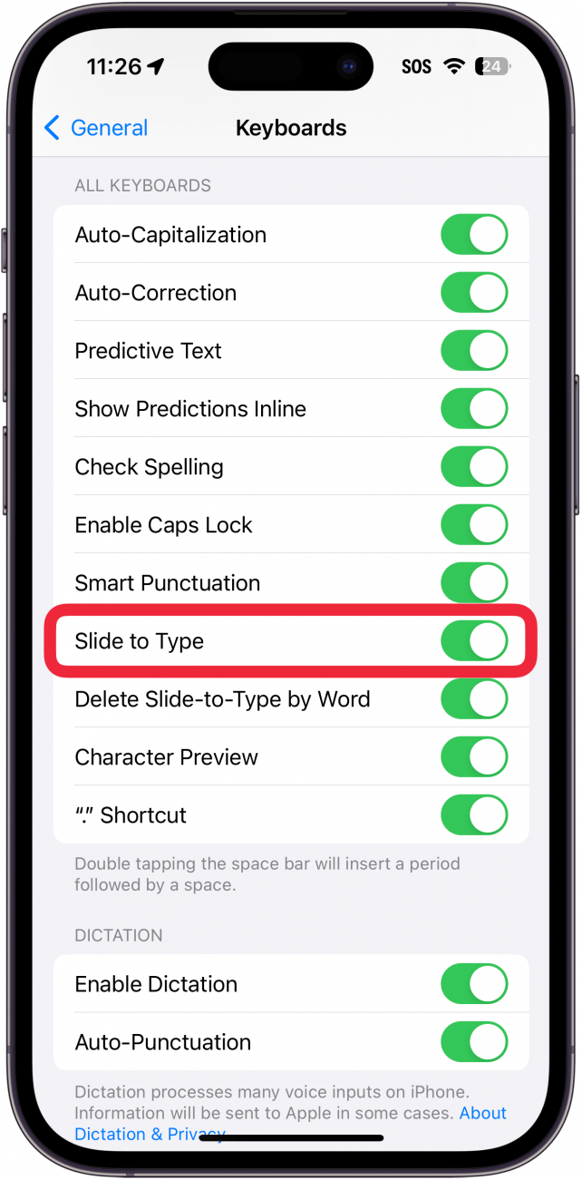 iphone keyboard settings with a red box around slide to type toggle