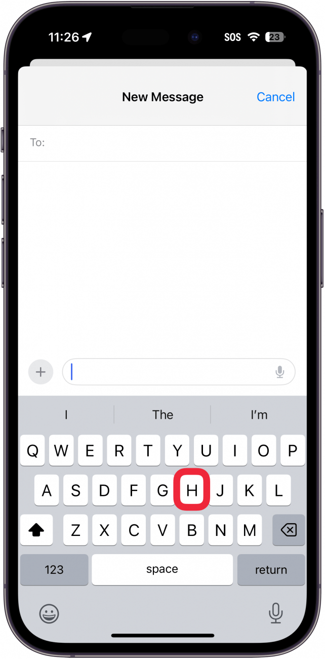 iphone create message screen displaying a keyboard with a red box around H key