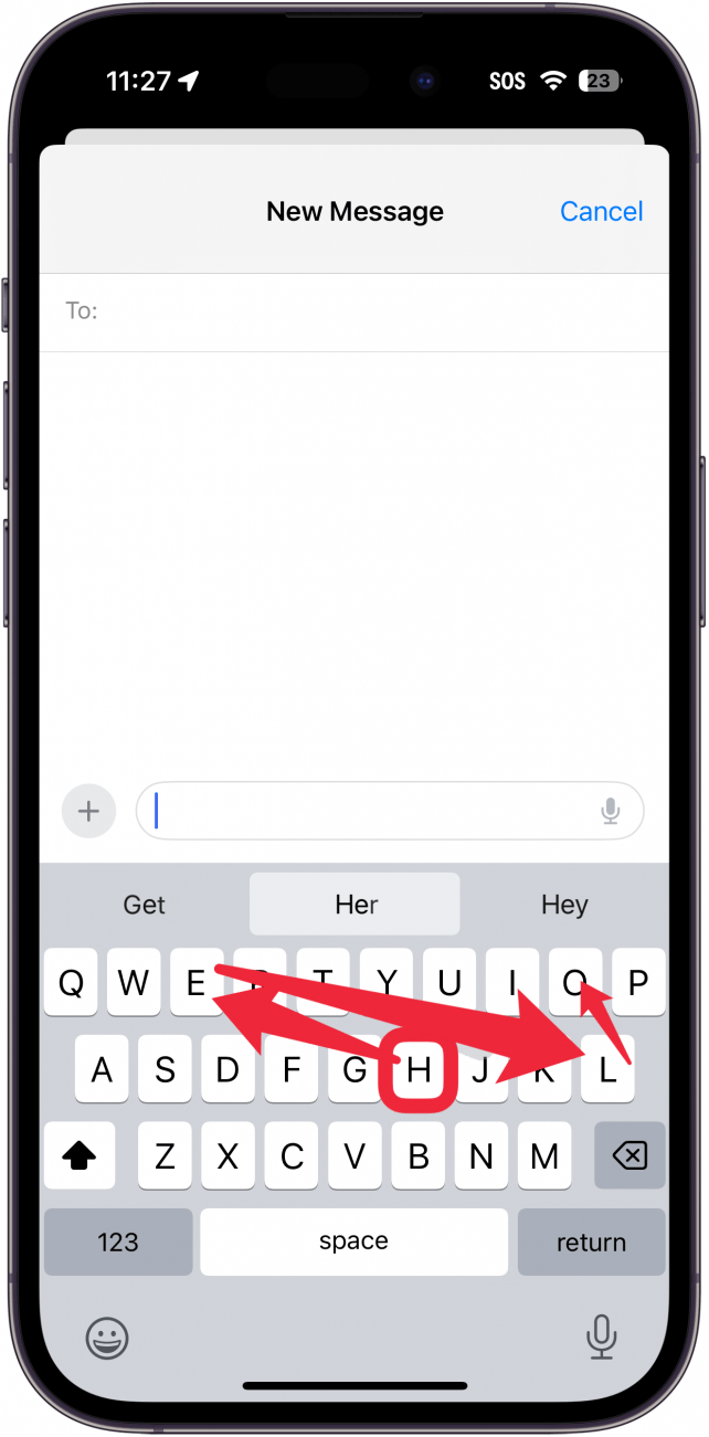 iphone create message screen displaying a keyboard with a red box around H key, and then red arrows pointing from H to E to L to O