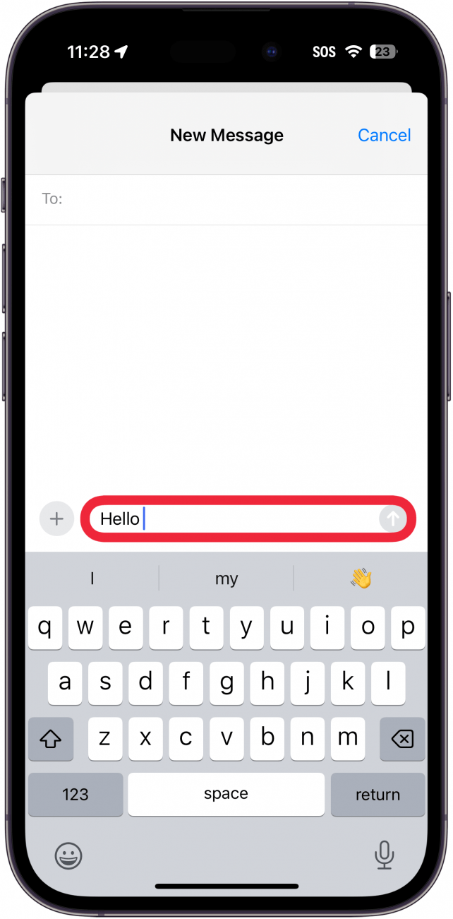 iphone create message screen with a red box around text field with the word Hello and a space after