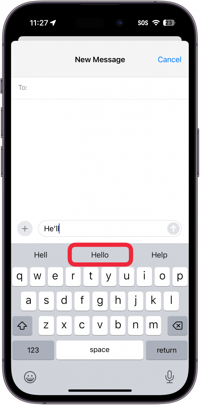 iphone create message screen displaying a keyboard with a red box around predictive text option that reads Hello