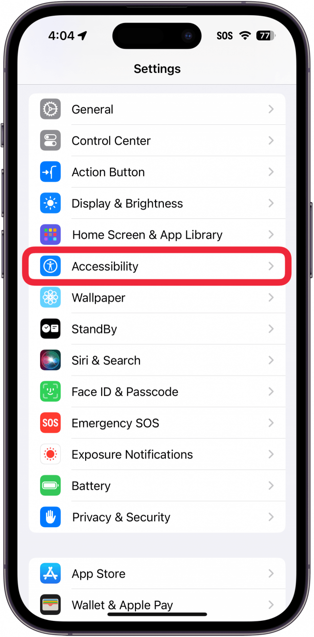 iphone settings with a red box around accessibility