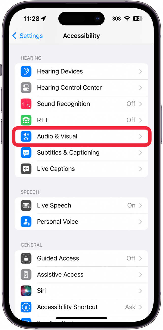 iphone accessibility settings with a red box around audio visual