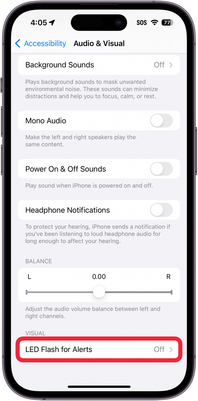 iphone accessibility audio visual settings with a red box around led flash for alerts