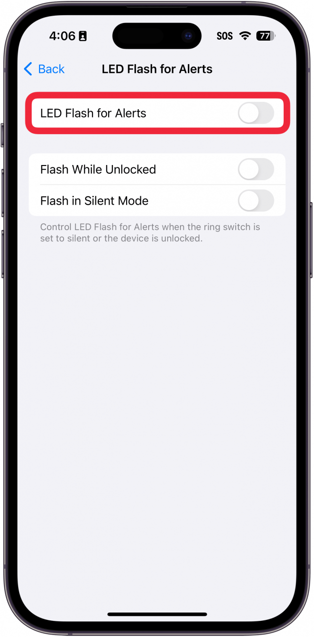 iphone led flash for alerts settings with a red box around led flash for alerts toggle