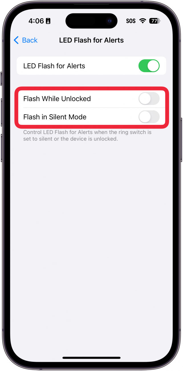 iphone led flash for alerts settings with a red box around toggles for flash while unlocked and flash in silent mode