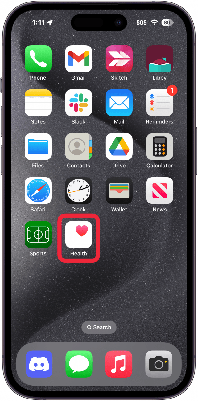 iphone home screen with a red box around health app