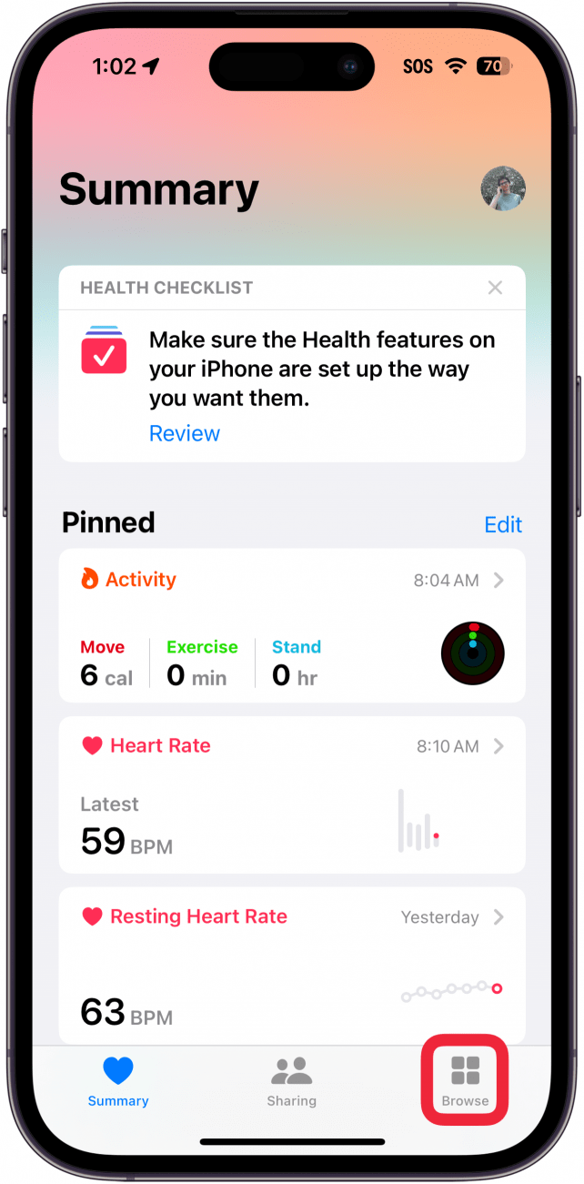 iphone health app with a red box around browse tab