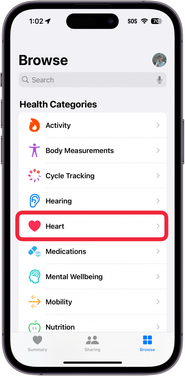 iphone health app with a red box around heart