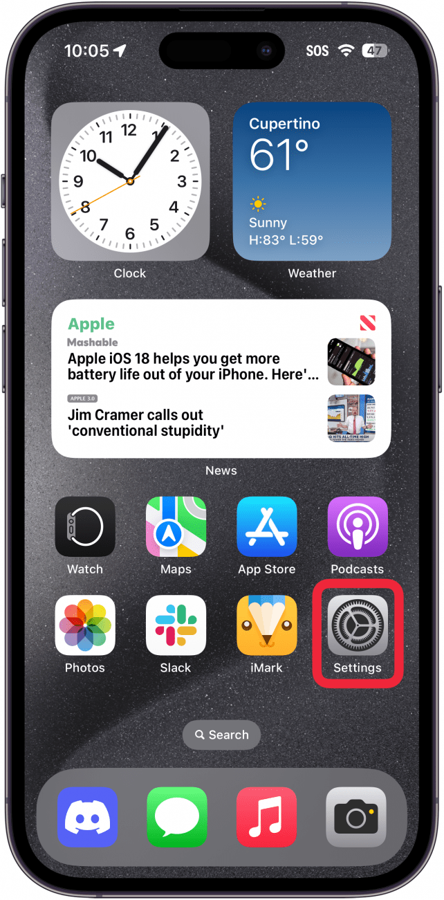 iphone home screen with a red box around settings app