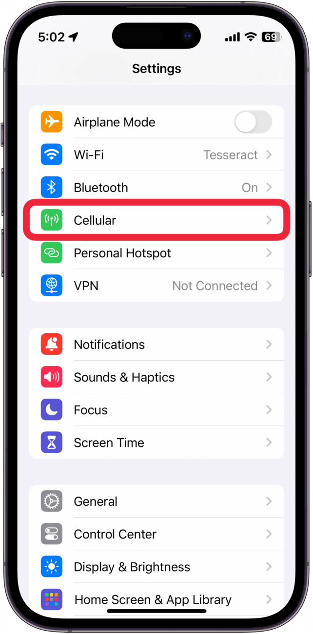 iphone settings app with a red box around cellular