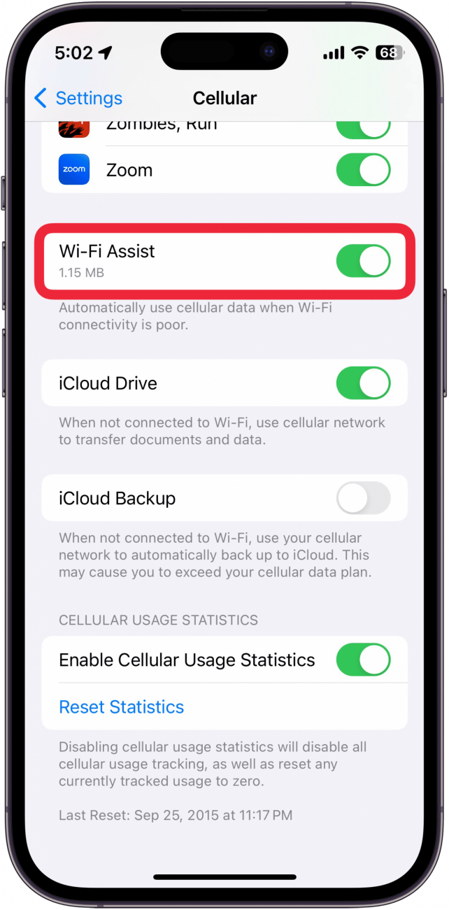 iphone cellular settings with a red box around wi-fi assist toggle which is green and toggled on