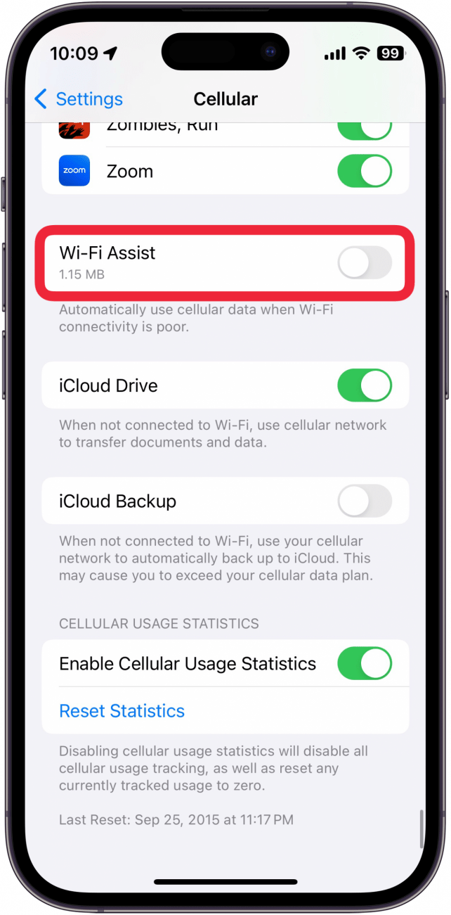 iphone cellular settings with a red box around wi-fi assist toggle which is gray and toggled off