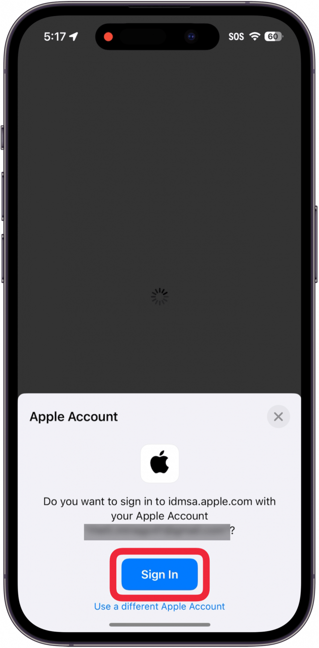 iphone safari displaying a sign in with apple pop up with a red box around sign in button