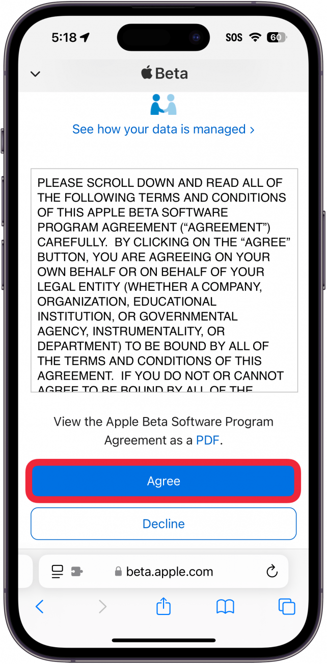 iphone safari apple beta web page displaying apple beta software program agreement, with a red box around agree button