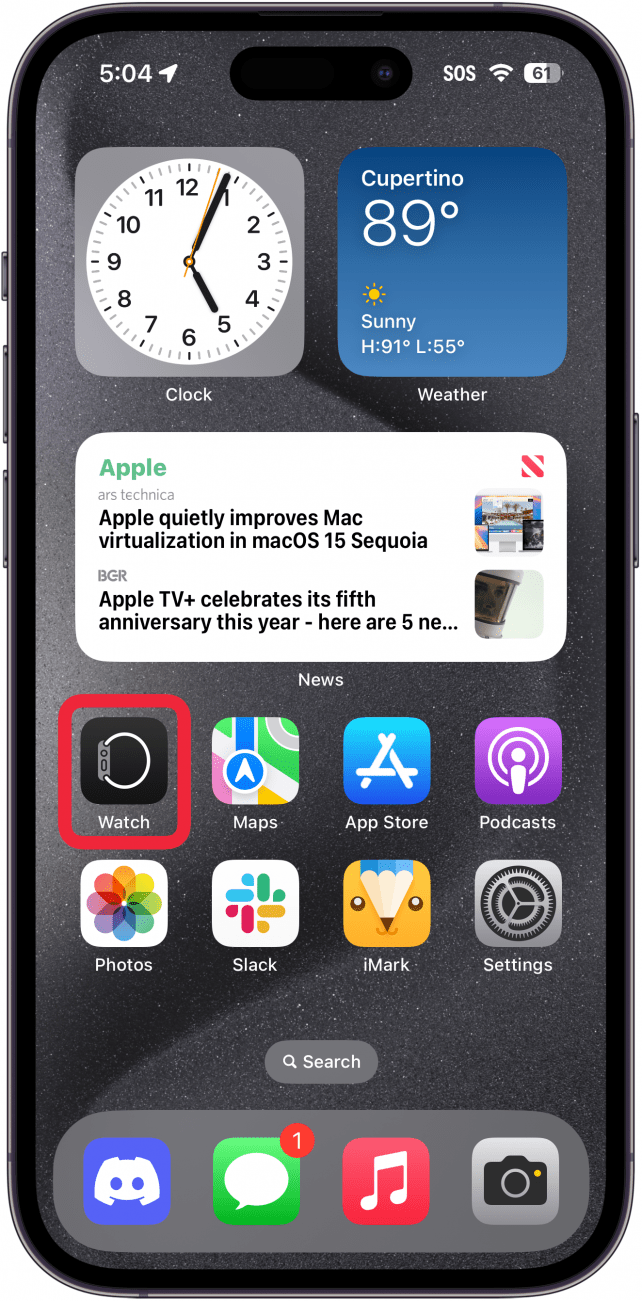 iphone home screen with a red box around watch app