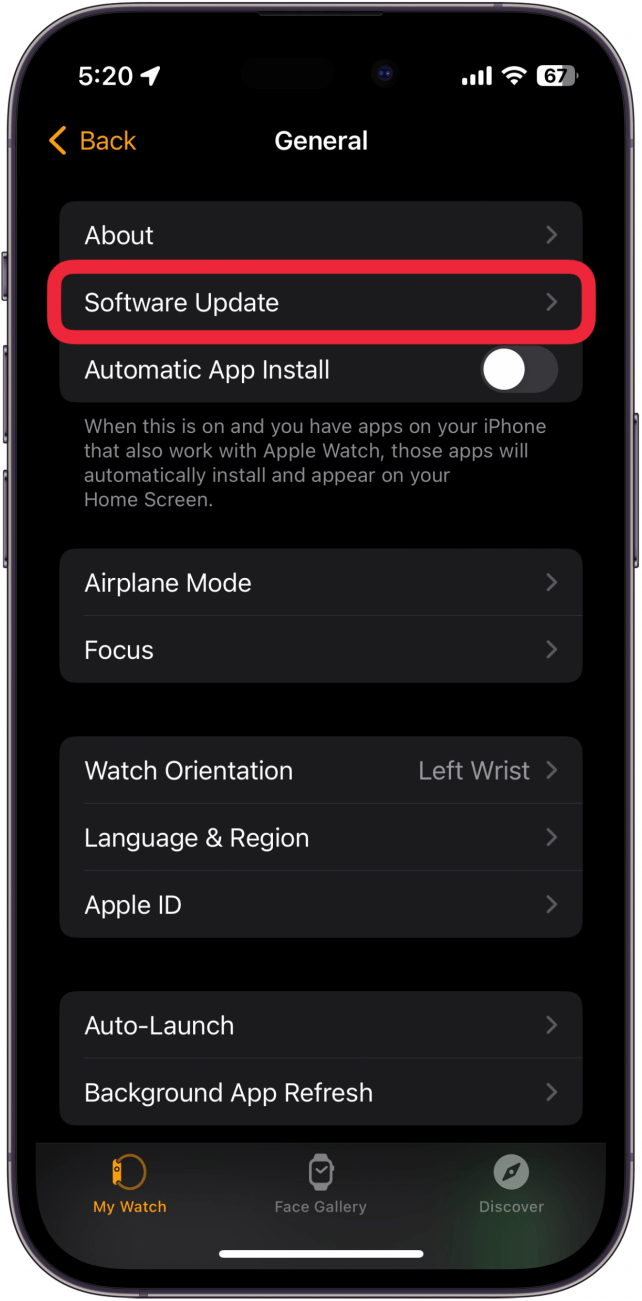 iphone watch app general settings with a red box around software update