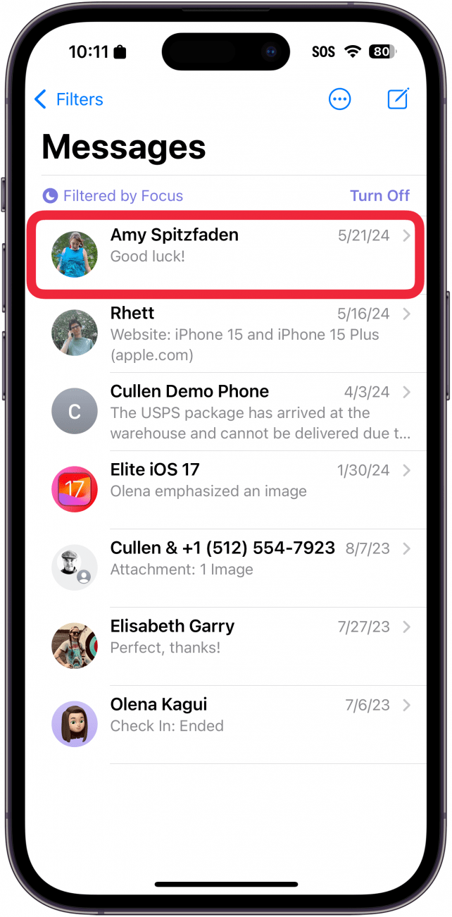 iphone messages app with a red box around a text conversation with a contact, amy spitzfaden