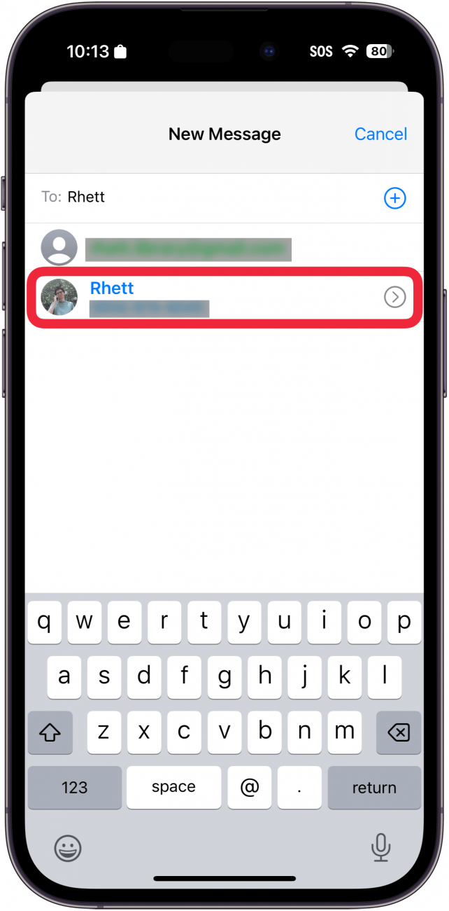 iphone message app new message screen with a red box around contact name, Rhett