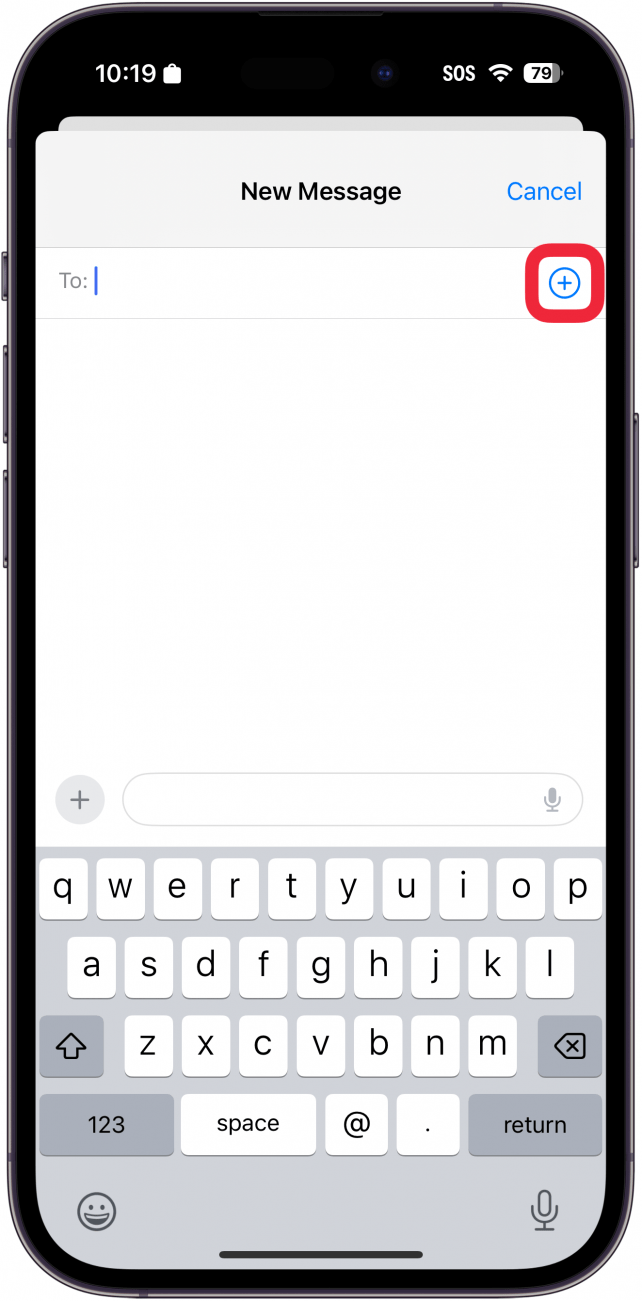 iphone messages app new message screen with a red box around plus icon