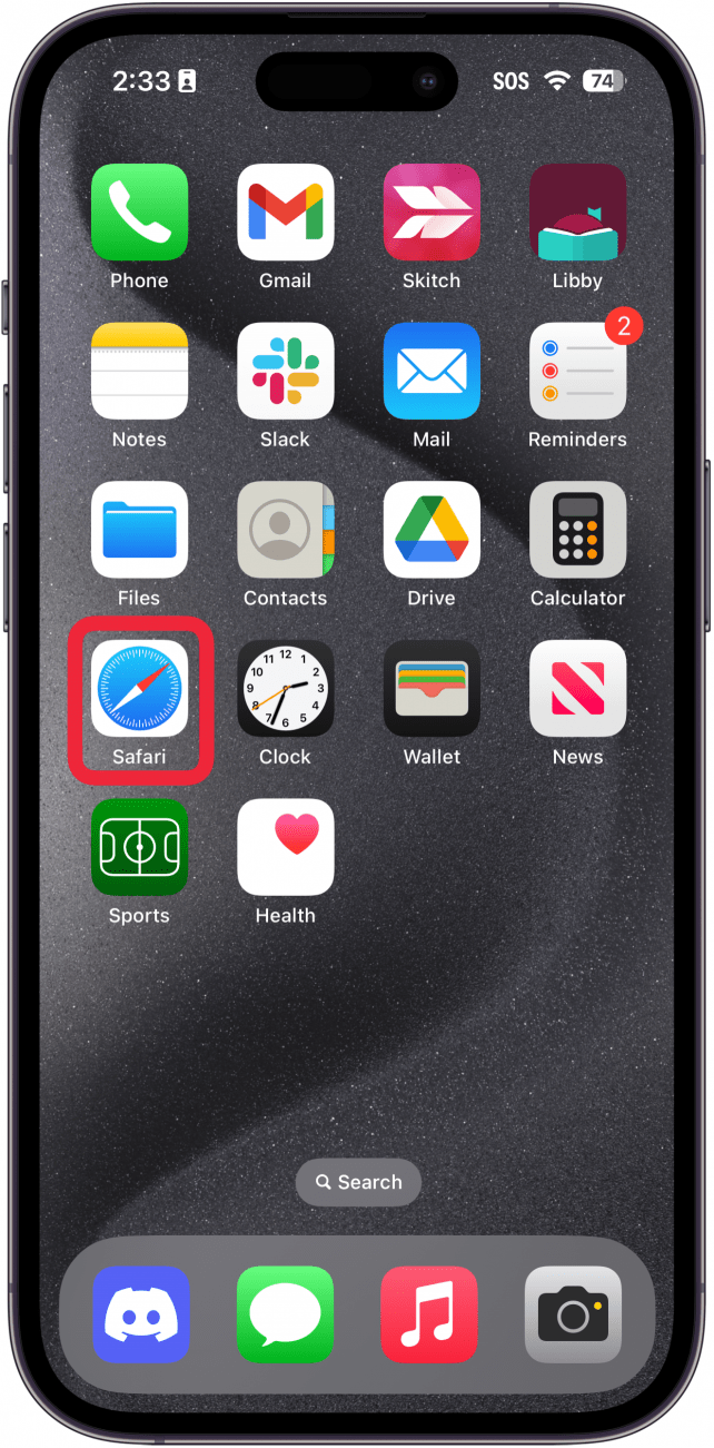 iphone home screen with a red box around safari